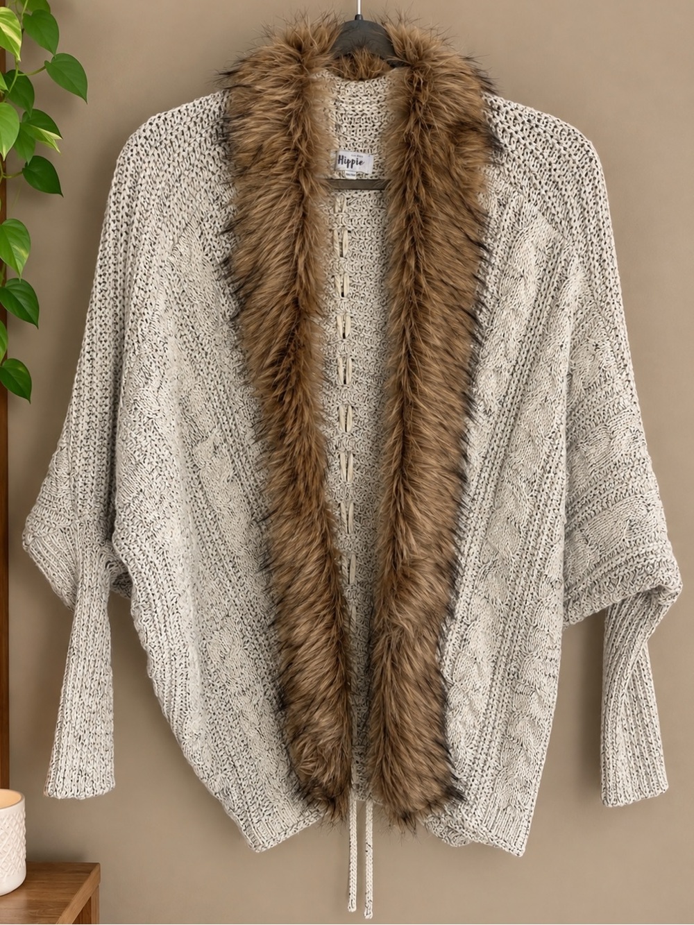 Military Hippie Felicity Cable Knit Cardigan with Faux Fur Trim